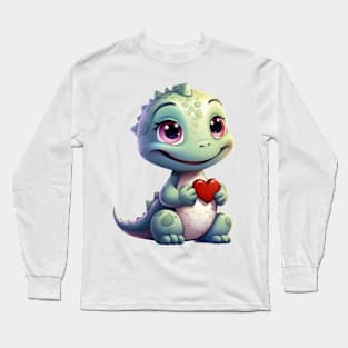 Valentine Dinosaur Holding Heart Long Sleeve T-Shirt